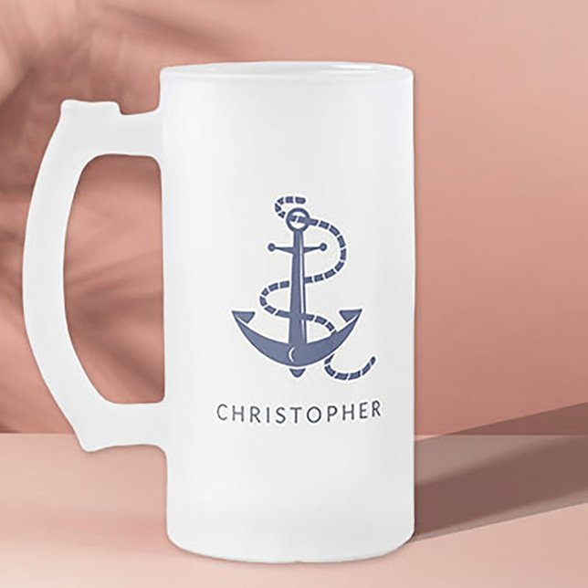 Personalized Name Navy Anchor Nautical Frosted Glass Beer Mug (Creator Uploaded)