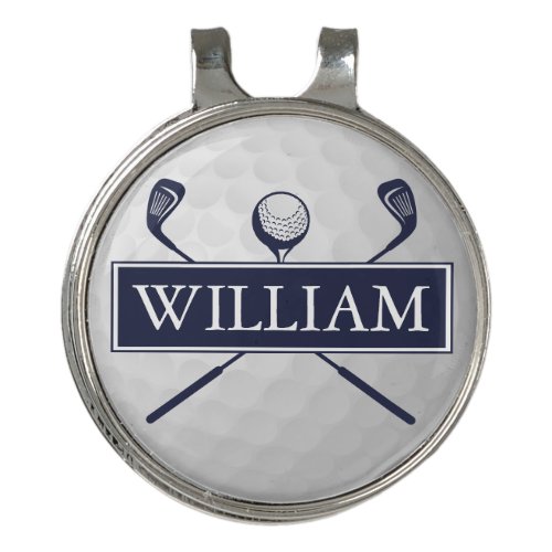 Personalized Name Navy Blue Ball And Clubs Golf Hat Clip