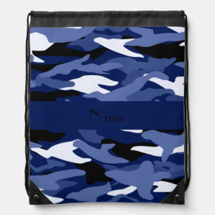 Personalized name navy blue camouflage drawstring bag