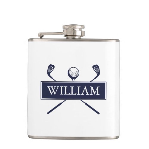 Personalized Name Navy Blue Clubs And Ball Flask