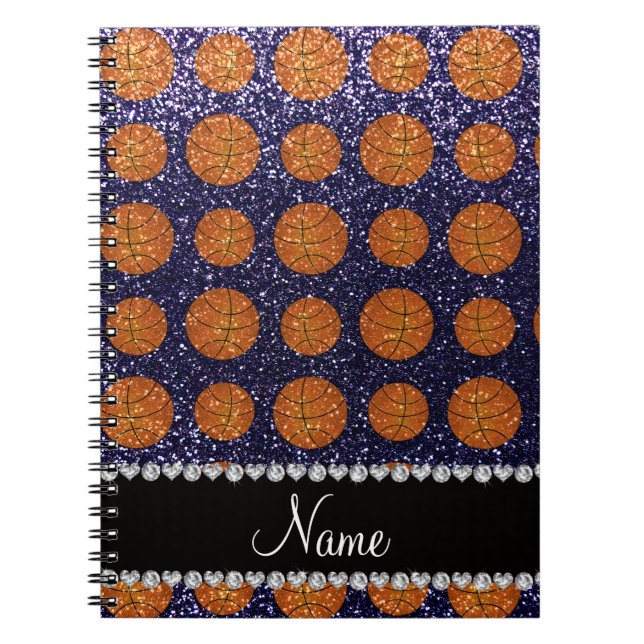 Personalized name navy blue glitter basketballs notebook (Front)