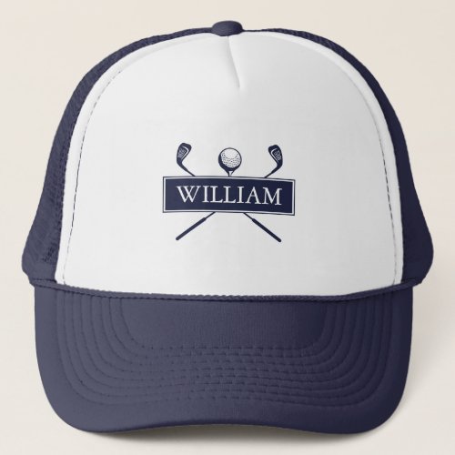 Personalized Name Navy Blue Golf Ball And Clubs Trucker Hat