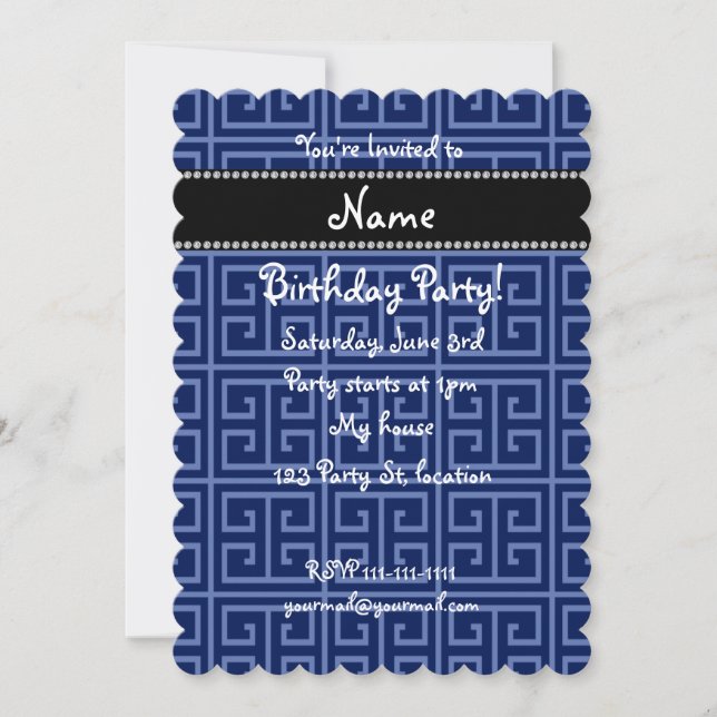 Personalized name navy blue greek key pattern invitation (Front)