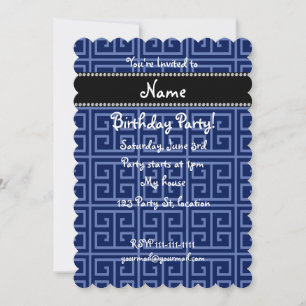 Personalized name navy blue greek key pattern invitation