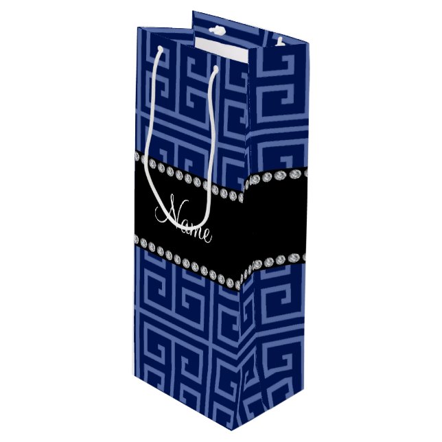 Personalized name navy blue greek key pattern wine gift bag (Front Angled)