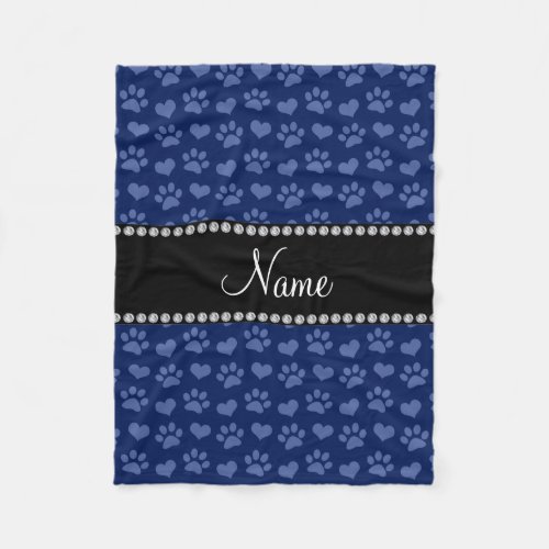 Personalized name navy blue hearts and paw prints fleece blanket
