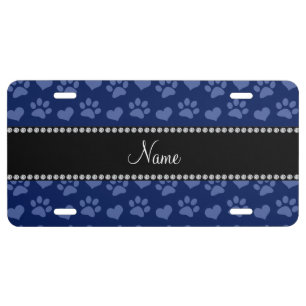 Personalized name navy blue hearts and paw prints license plate
