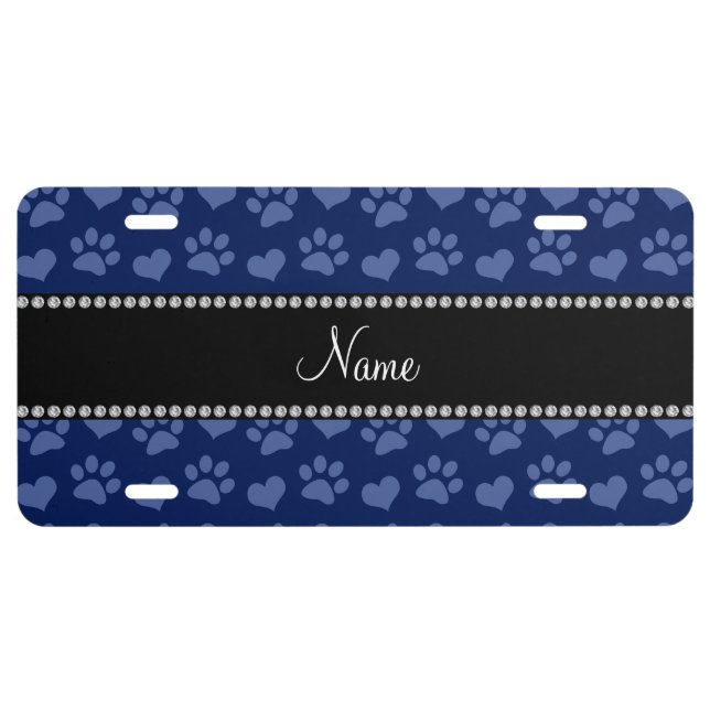 Personalized name navy blue hearts and paw prints license plate (Front)