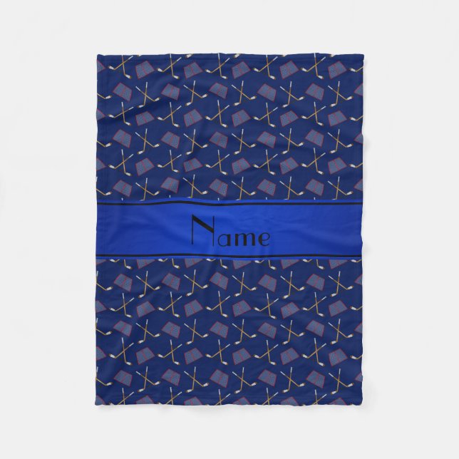 Personalized name navy blue hockey pattern fleece blanket (Front)