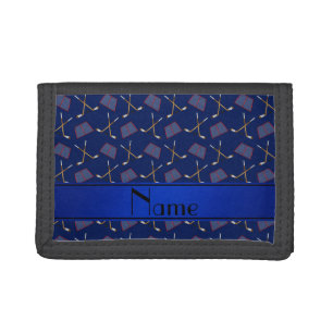 Personalized name navy blue hockey sticks tri-fold wallet