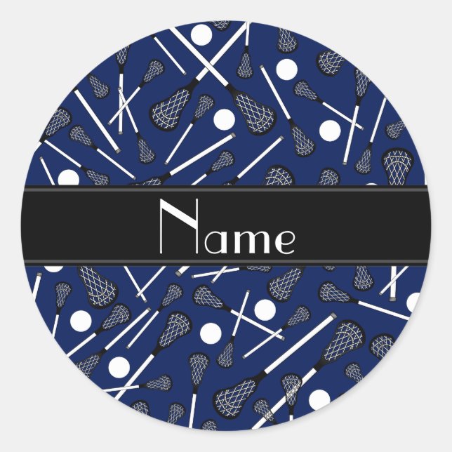 Personalized name navy blue lacrosse classic round sticker (Front)