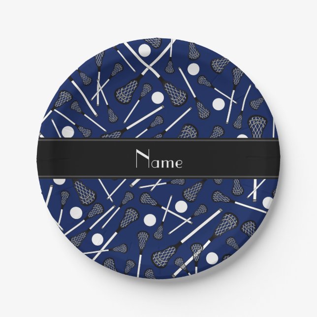 Personalized name navy blue lacrosse paper plates (Front)