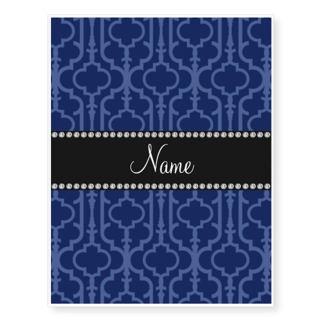 Personalized name navy blue moroccan quatrefoil temporary tattoos (Front)