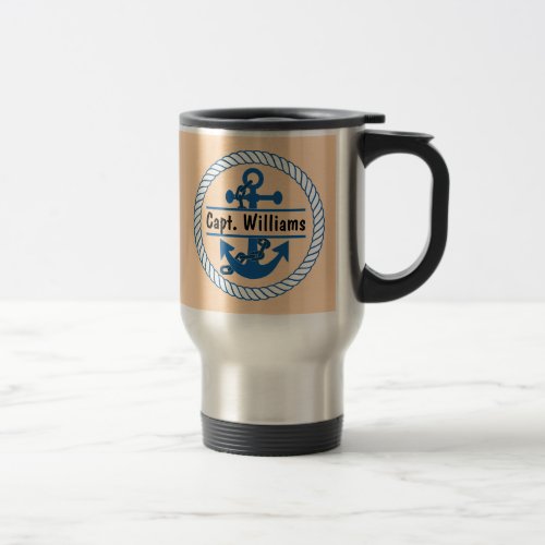Personalized Name Navy Blue Nautical Anchor Rope  Travel Mug