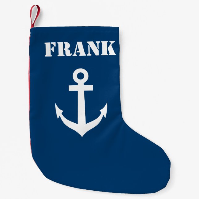 Personalized name navy blue nautical boat anchor small christmas stocking (Front)