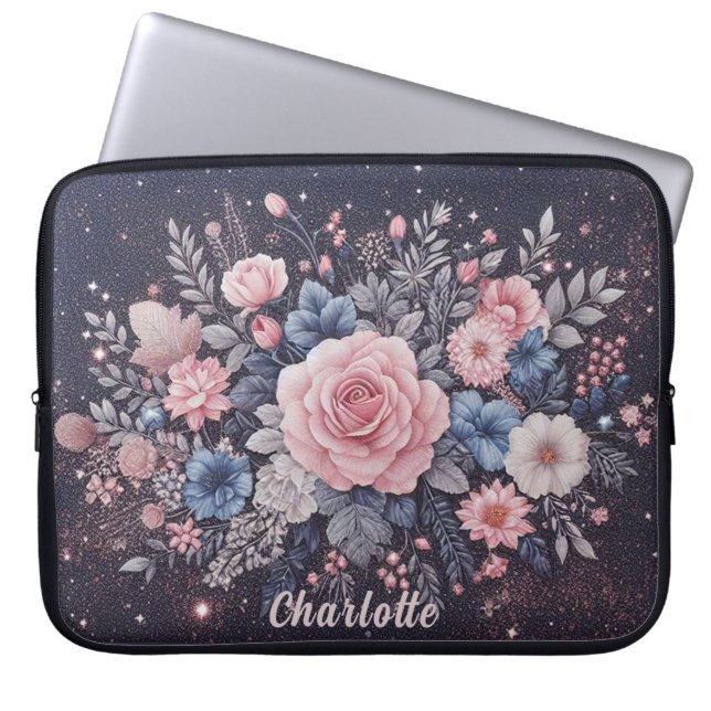 Personalized Name Navy Blue pink Glitter Flowers Laptop Sleeve (Front)