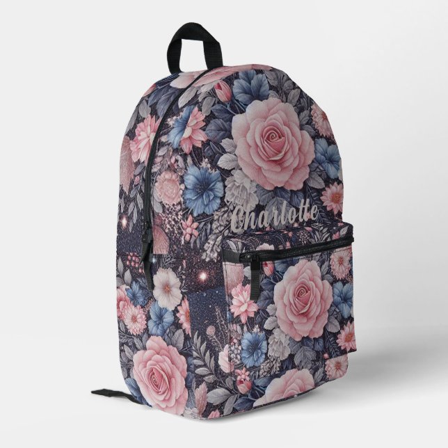 Personalized Name Navy Blue pink Glitter Flowers Printed Backpack (Back Corner Left)