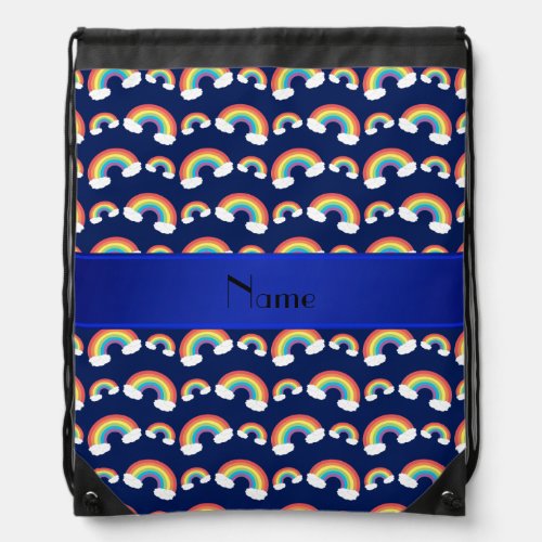 Personalized name navy blue rainbows pattern drawstring bag