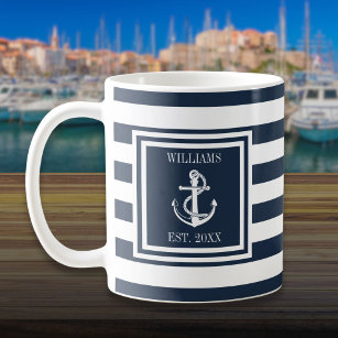 Personalized Name Navy Blue Stripe Nautical Anchor Coffee Mug