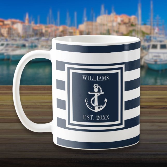 Personalized Name Navy Blue Stripe Nautical Anchor Coffee Mug (Personalized Name Navy Blue Stripe Nautical Anchor Coffee Mug)