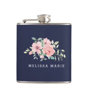 Personalized Name Navy Floral Watercolor Flask