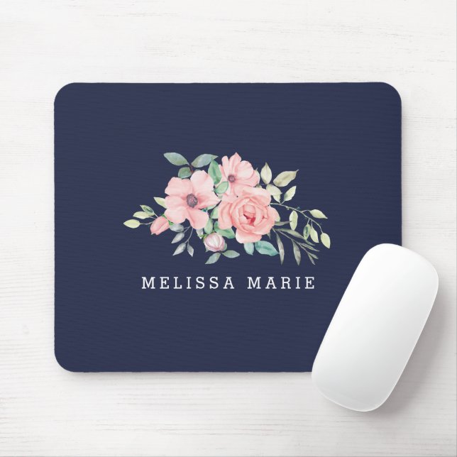 Personalized Name Navy Floral Watercolor Mouse Pad (With Mouse)