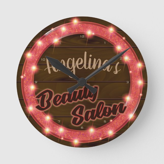 Personalized NAME Neon Beauty Salon Custom Shop Round Clock (Front)