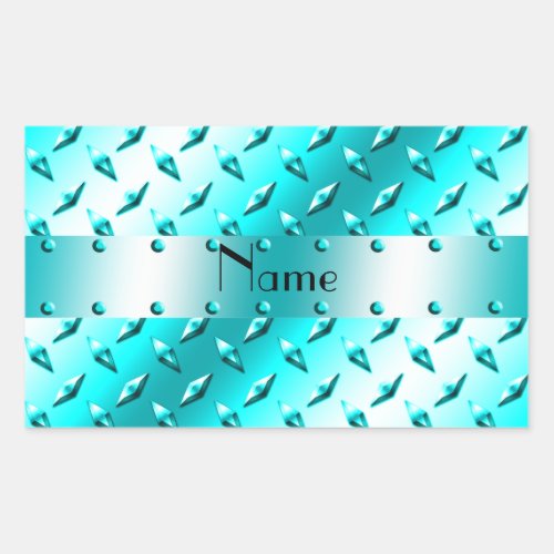Personalized name neon blue diamond plate steel rectangular sticker