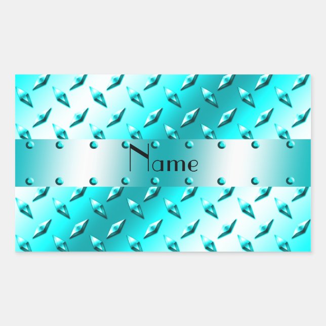 Personalized name neon blue diamond plate steel rectangular sticker (Front)