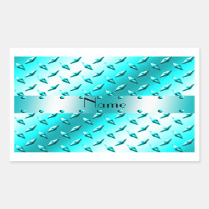 Personalized name neon blue diamond plate steel rectangular sticker