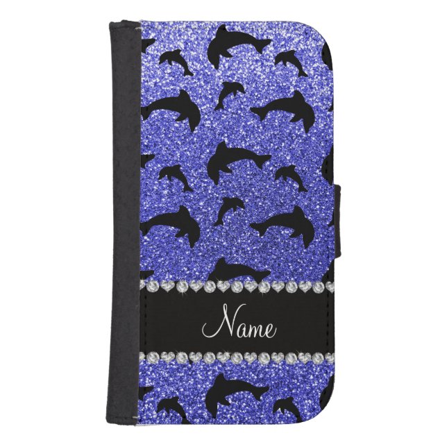 Personalized name neon blue glitter dolphins samsung galaxy wallet case (Front)