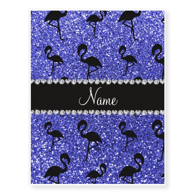 Personalized name neon blue glitter flamingos temporary tattoos (Front)