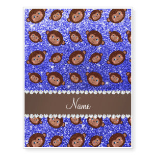 Personalized name neon blue glitter monkeys temporary tattoos