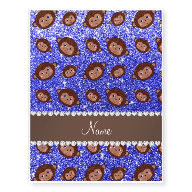 Personalized name neon blue glitter monkeys temporary tattoos (Front)