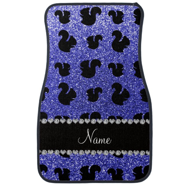 Personalized name neon blue glitter squirrels car floor mat (Front)