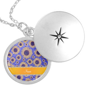 Personalized name neon blue glitter sunflowers silver plated necklace