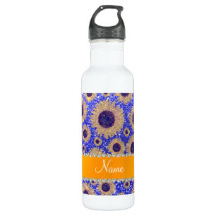 Personalized name neon blue glitter sunflowers water bottle
