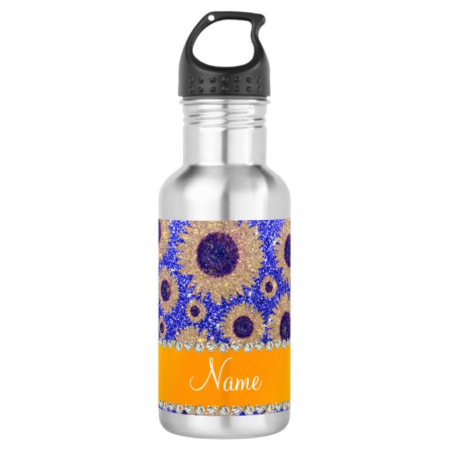 Personalized name neon blue glitter sunflowers water bottle (Front)