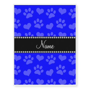 Personalized name neon blue hearts and paw prints temporary tattoos