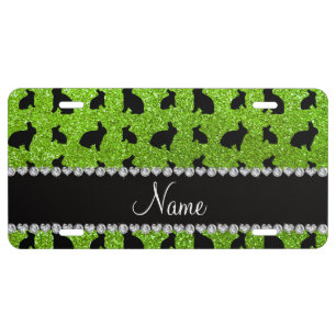 Personalized name neon green glitter bunny license plate