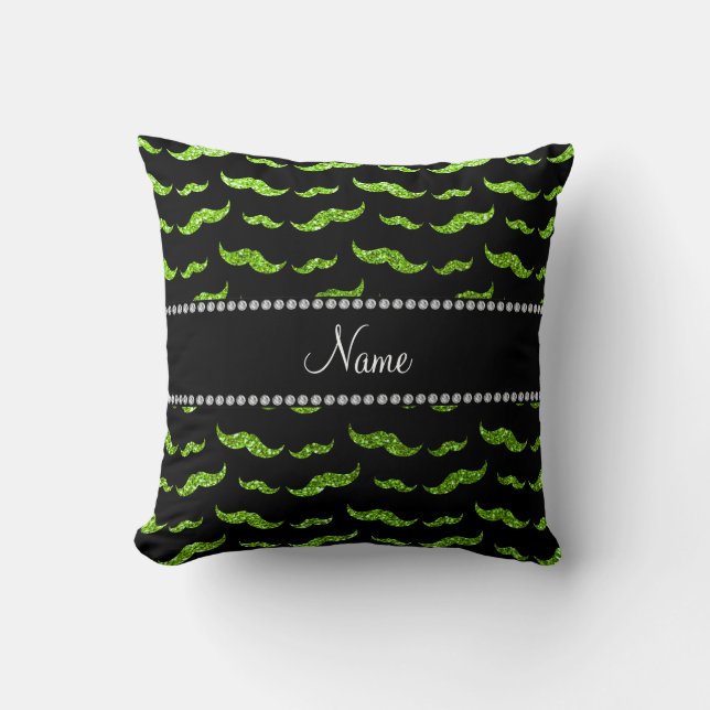 Personalized name neon green glitter mustaches throw pillow (Front)