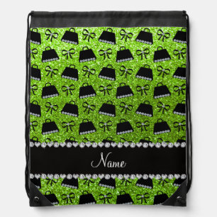 Personalized name neon green glitter purses bow drawstring bag
