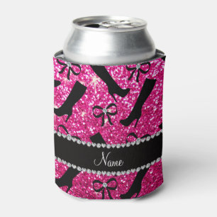 Personalized name neon hot pink glitter boots bows can cooler