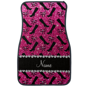 Personalized name neon hot pink glitter boots bows car mat