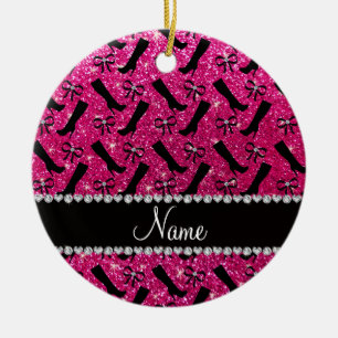 Personalized name neon hot pink glitter boots bows ceramic ornament