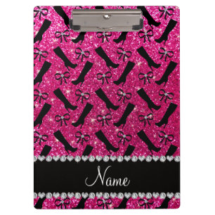 Personalized name neon hot pink glitter boots bows clipboard