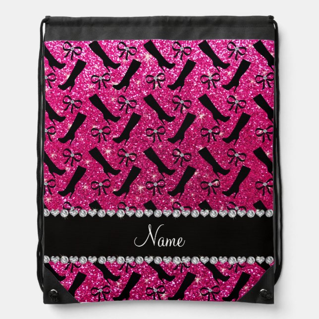 Personalized name neon hot pink glitter boots bows drawstring bag (Front)