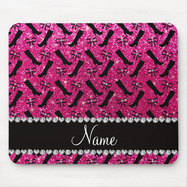 Personalized name neon hot pink glitter boots bows mouse pad (Front)