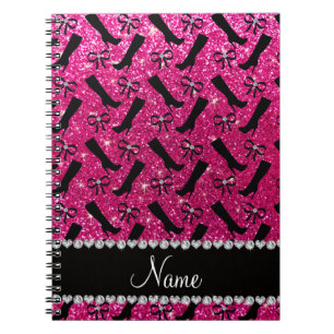 Personalized name neon hot pink glitter boots bows notebook