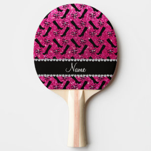 Personalized name neon hot pink glitter boots bows Ping-Pong paddle